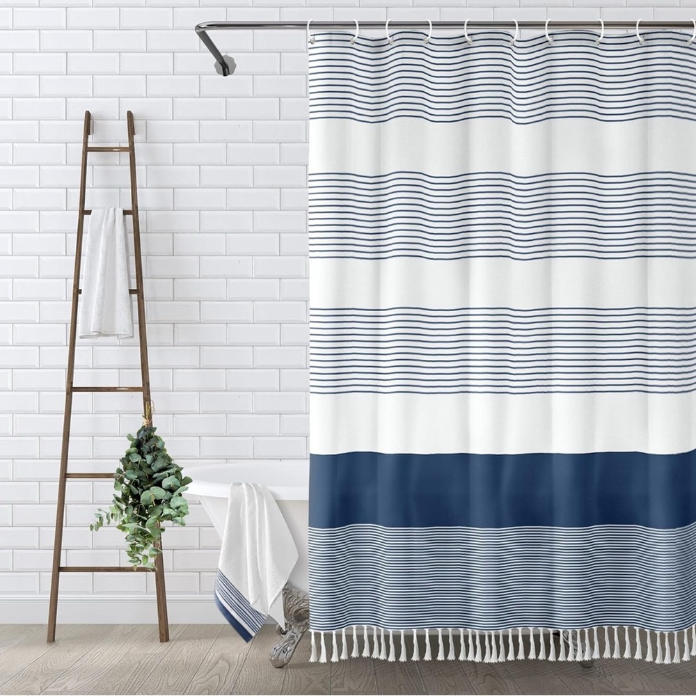 Navy Blue Shower Curtain for Bathroom Stripe Tassel 72 X 72” Farmhouse Cotton